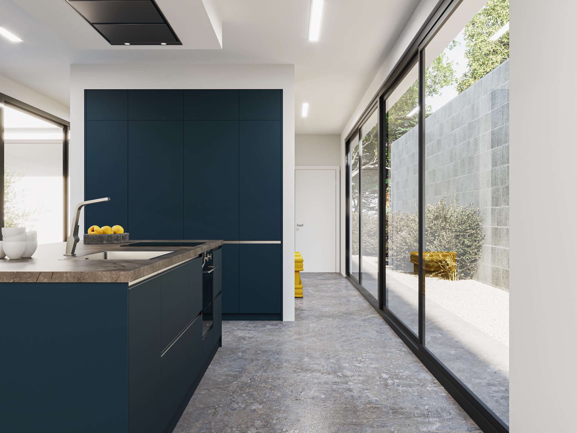 Cocina azul oscuro con isla